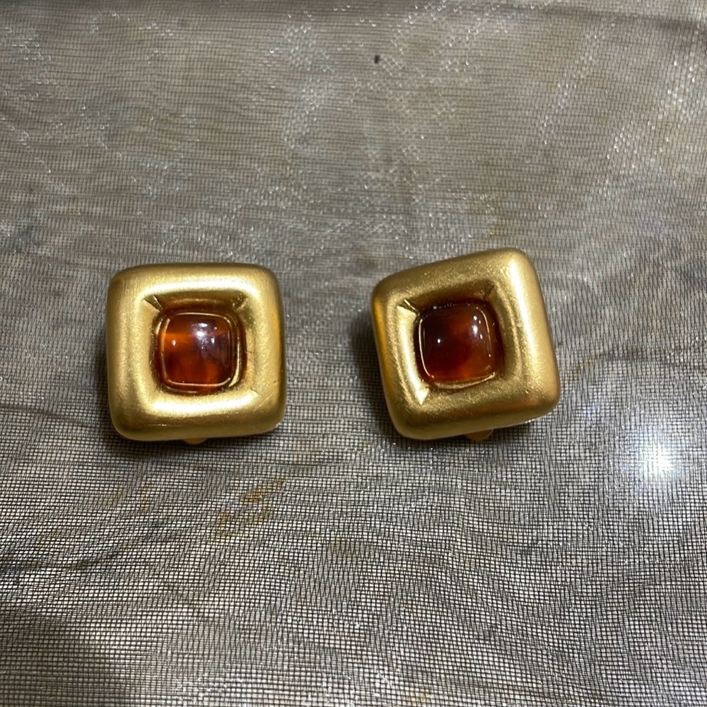 Vintage Givenchy Gold-Tone Faux Amber/Cabochon Clip-on Earrings - Picture 2 of 12